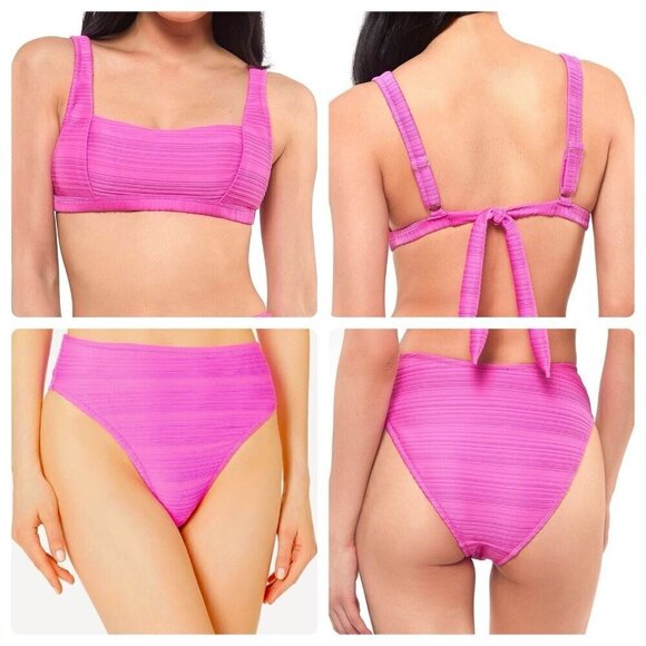 NWT Jessica Simpson 2 Piece Swimsuit Bikini XL Pink Fuschia Ribbed High Waist - Picture 1 of 8